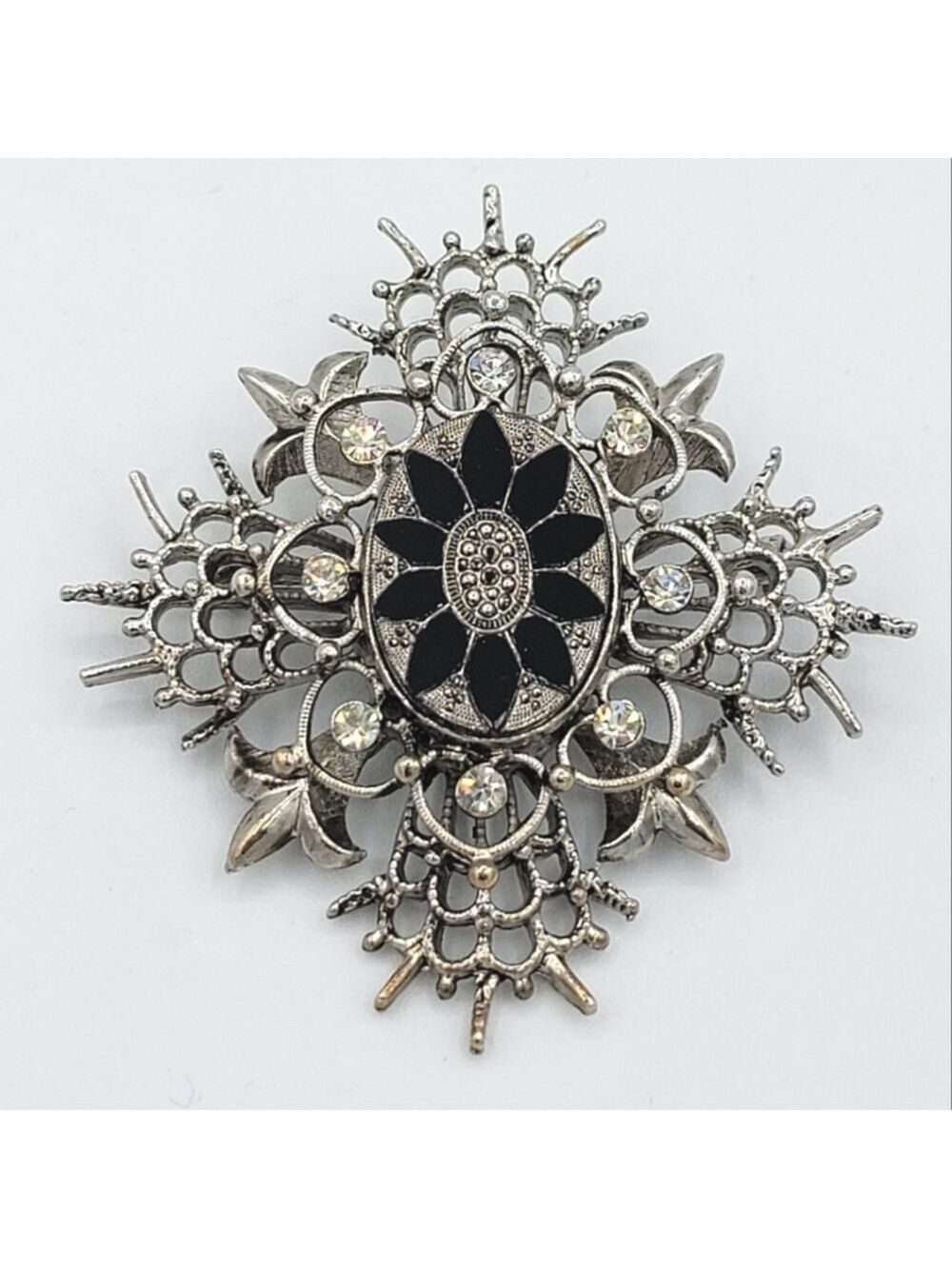 Vintage Black & Silver Brooch Marquis Style #3045